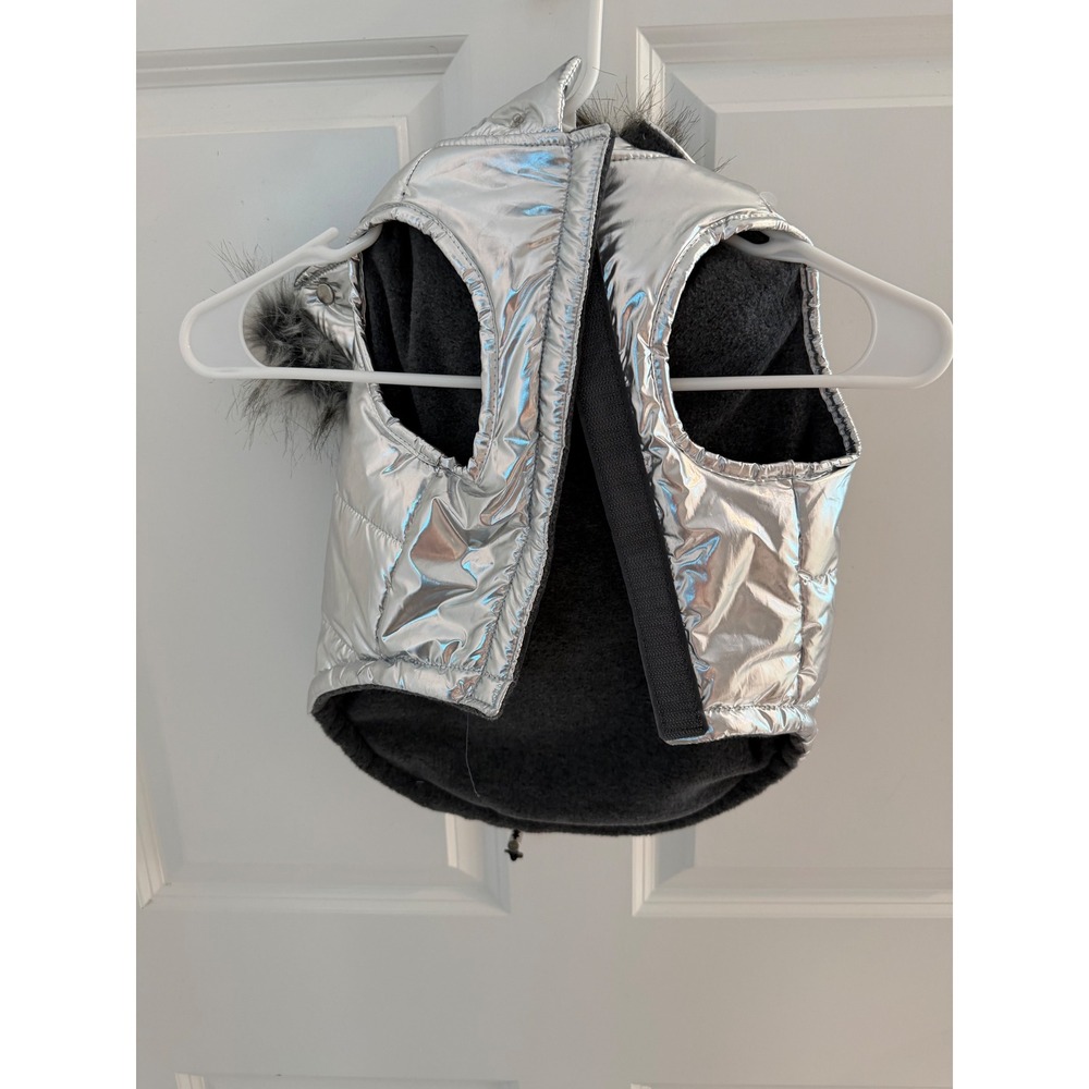 SKYR Silver Puffer Dog Coat with Faux Fur Hood Size Medium Fleece Lined